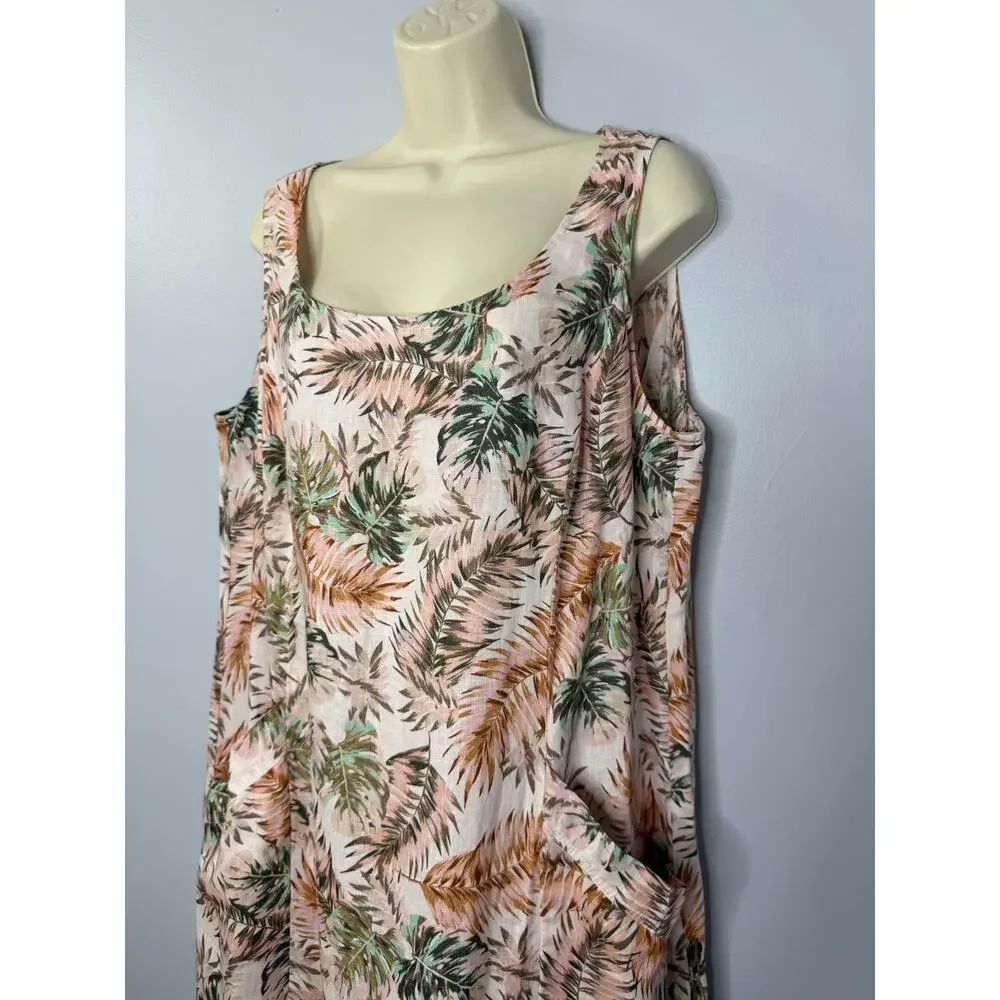 J.jill Love Linen Palm Leaf Soft Pink Pocket Maxi Dress Coastal Beach XL new